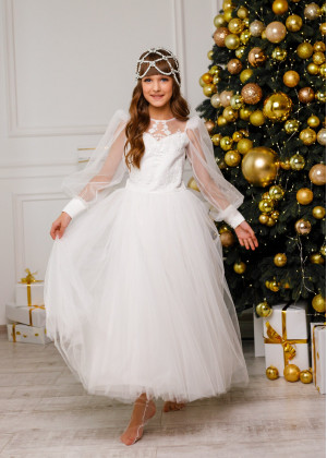 Long Sleeves Ivory Lace Tulle Flower Girl Dress Communion Dress Long Sleeves Ivory Lace Tulle Flower Girl Dress Communion Dress